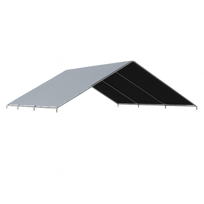 Silver 12' x 10' no edge canopy top tarp installed on a frame for overhead cover