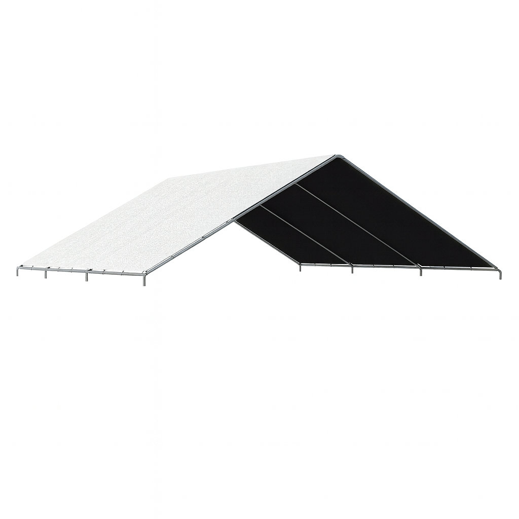 White 12' x 10' no edge canopy top tarp installed on an open frame for shade