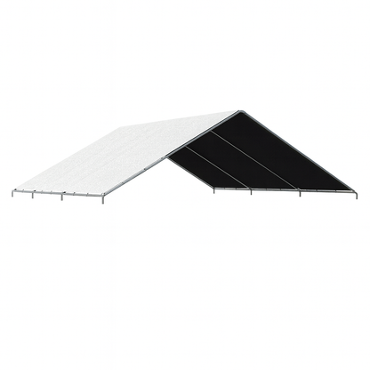 White 12' x 10' no edge canopy top tarp installed on an open frame for shade
