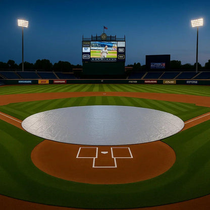 25' Silver Baseball Mound Cover protecting the pitching area on a baseball field