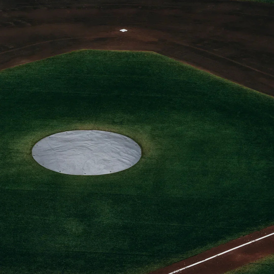 25' Silver Baseball Mound Cover providing coverage for a baseball mound outdoors