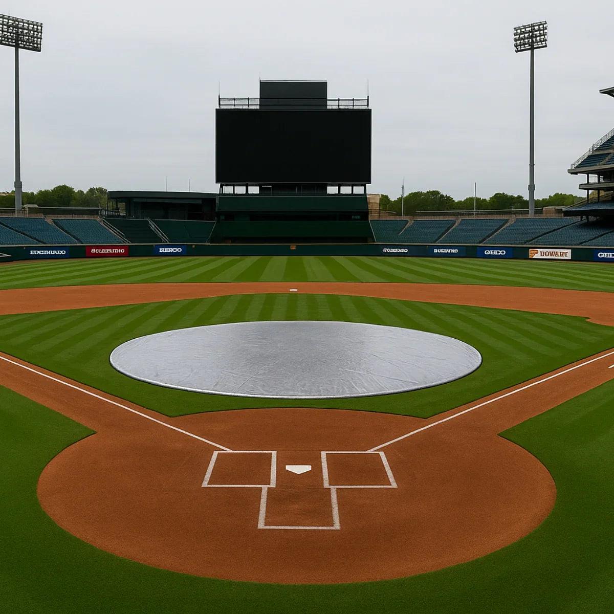 28' home plate cover designed as a diamond surface shield for field maintenance