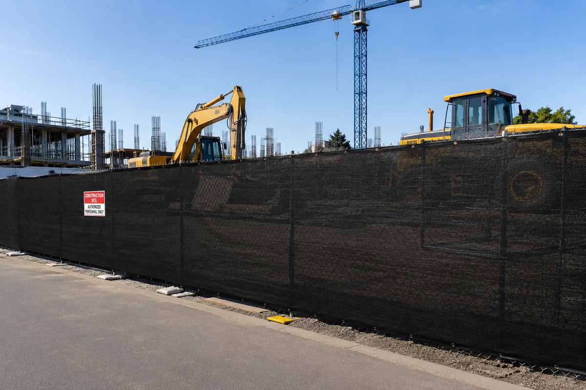 90% black 5' x 50' privacy fence providing construction site screening