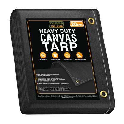 Tarps Plus 20mil black waterproof canvas tarp with UV resistance, tear-resistant design, reinforced edges, and rustproof brass grommets for heavy-duty use.