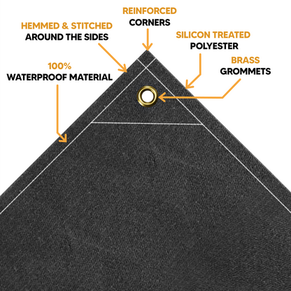 Close-up of black waterproof canvas tarp corner featuring reinforced stitching, brass grommet, silicon-treated polyester, and hemmed edges for durability.