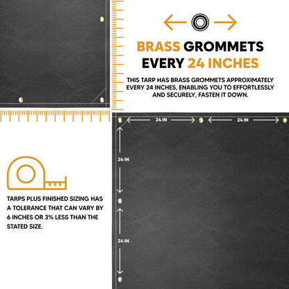 Black waterproof canvas tarp with brass grommets spaced every 24 inches; includes finished size tolerance of up to 6 inches or 3% less.