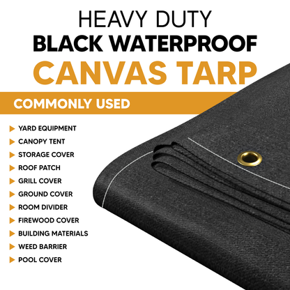 Heavy-duty black waterproof canvas tarp with brass grommet shown; commonly used for yard equipment, canopy tents, storage, firewood, and pool covers.
