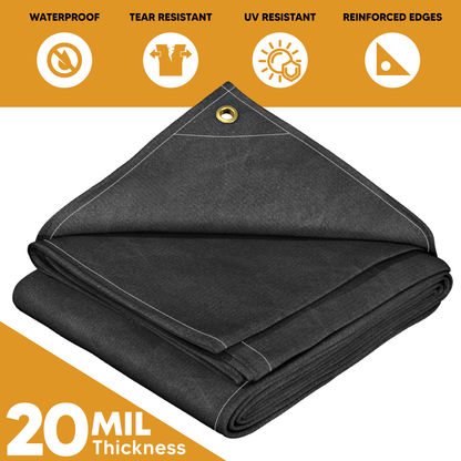 20mil black waterproof canvas tarp with reinforced edges, UV resistance, tear resistance, and brass grommets; ideal for rugged outdoor protection.