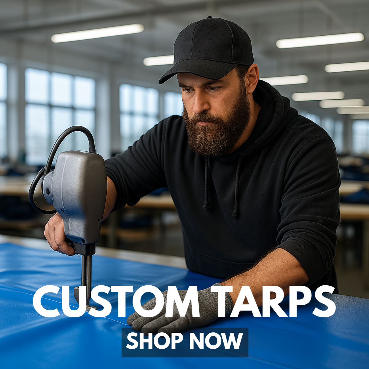 A man working with a material stitcher on a blue tarp with text 'Custom Tarps Shop Now'.