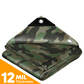 Heavy-duty camo poly tarp with 12-mil thickness, reinforced edges, metal grommet, and durable construction for versatile outdoor use.