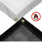 Fire-retardant white and black vinyl mesh tarps with brass grommets and reinforced edges; breathable and flame-resistant, ideal for safety and ventilation.