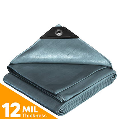 Heavy-duty silver poly tarp with 12-mil thickness, reinforced edges, metal grommet, and durable construction for versatile outdoor use.