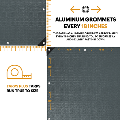 Silver heavy-duty poly tarp featuring aluminum grommets spaced every 18 inches for secure fastening; finished size runs true to size.