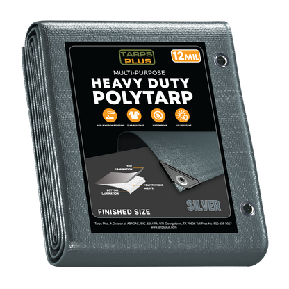 The Tarps Plus Silver Heavy Duty Poly Tarp features a 12 MIL thickness, is made from 100% virgin polyethylene, and is UV resistant, rip and tear resistant, waterproof, and includes reinforced edges with plastic corners, a 14x14 weave count, and aluminum grommets spaced every 18 inches.