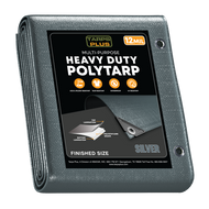 The Tarps Plus Silver Heavy Duty Poly Tarp features a 12 MIL thickness, is made from 100% virgin polyethylene, and is UV resistant, rip and tear resistant, waterproof, and includes reinforced edges with plastic corners, a 14x14 weave count, and aluminum grommets spaced every 18 inches.