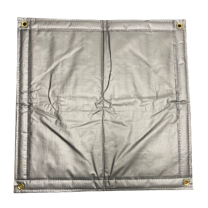Silver insulated poly tarp with four brass grommets and reinforced heat-sealed edges for durable weather and thermal protection.