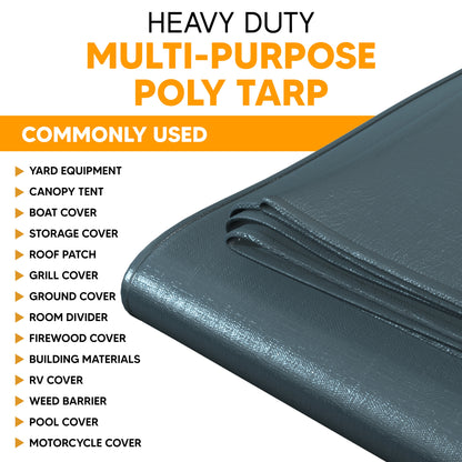 Silver heavy-duty poly tarp ideal for yard equipment, canopy tents, storage, and general outdoor protection.