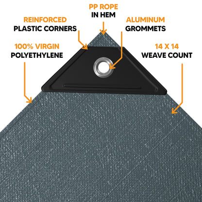 Close-up of silver poly tarp corner showing reinforced plastic, aluminum grommet, and tightly woven 14x14 polyethylene for added strength and durability.
