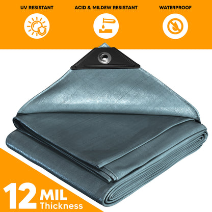 Heavy-duty silver poly tarp with 12 mil thickness, UV resistant, acid and mildew resistant, and fully waterproof for all-weather use.