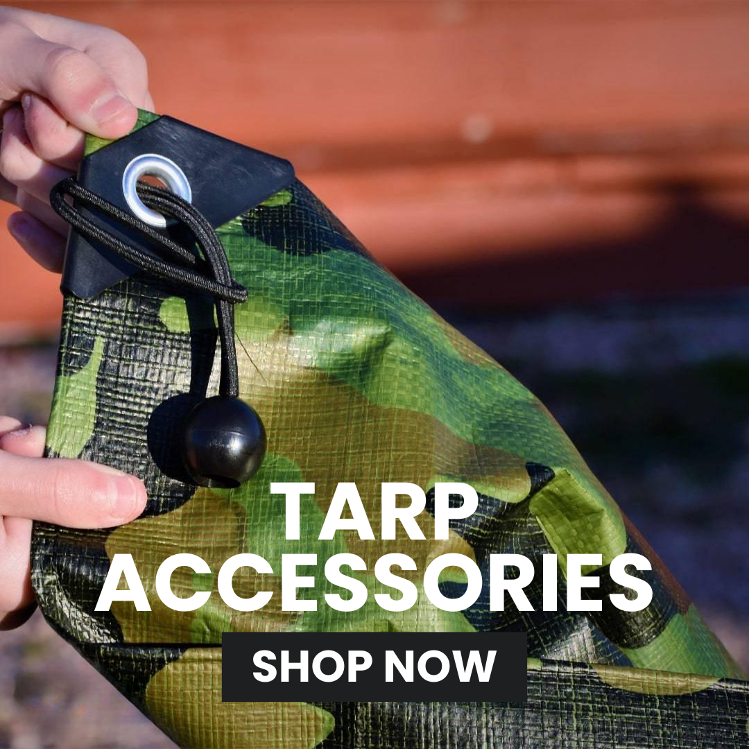 Green tarp accessory with black cord and hook, held by a hand, with 'Tarp Accessories Shop Now' text overlay.