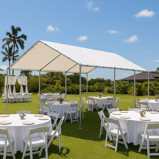 Outdoor event setup with White 10x20 Tarp Canopy, tables, and chairs on a grassy area with palm trees in the background.