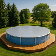 Round above-ground pool with wooden deck in a grassy area with trees