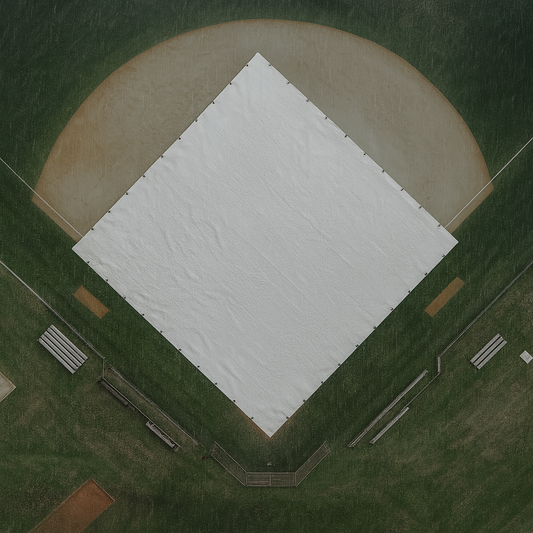 Aerial view of a baseball field with a white Tarps Plus Field Cover