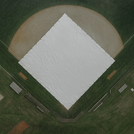 Aerial view of a baseball field with a white Tarps Plus Field Cover