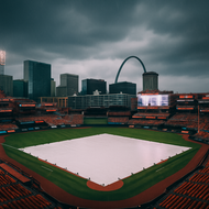 Baseball stadium with a cloudy sky and city skyline in the background