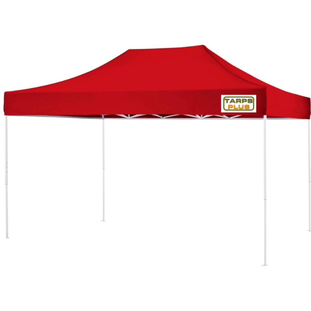 Red 10x15 pop-up tent with high peak canopy and steel frame, ideal for events, markets, and outdoor shade coverage.