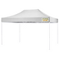 White 10x15 pop-up canopy tent with a peaked roof and sturdy black frame; perfect for outdoor events, markets, or shade on sunny days.