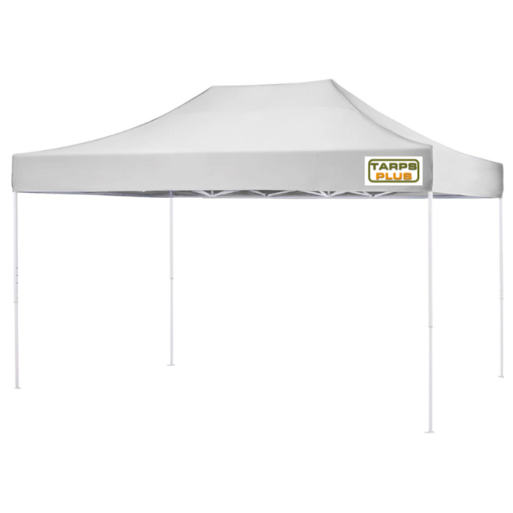 White 10x15 pop-up canopy tent with a peaked roof and sturdy black frame; perfect for outdoor events, markets, or shade on sunny days.