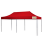 Red 10x20 pop-up tent with high peak canopy and steel frame, ideal for events, markets, and outdoor shade coverage.