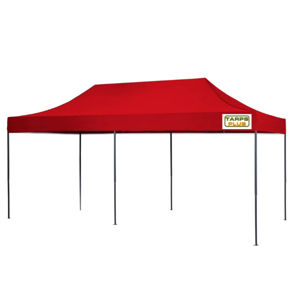 Red 10x20 pop-up tent with high peak canopy and steel frame, ideal for events, markets, and outdoor shade coverage.