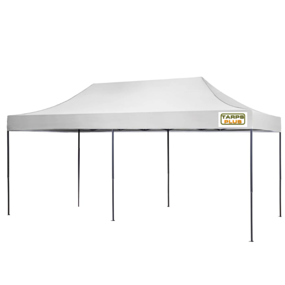 White 10x20 pop-up canopy tent with a peaked roof and sturdy black frame; perfect for outdoor events, markets, or shade on sunny days.