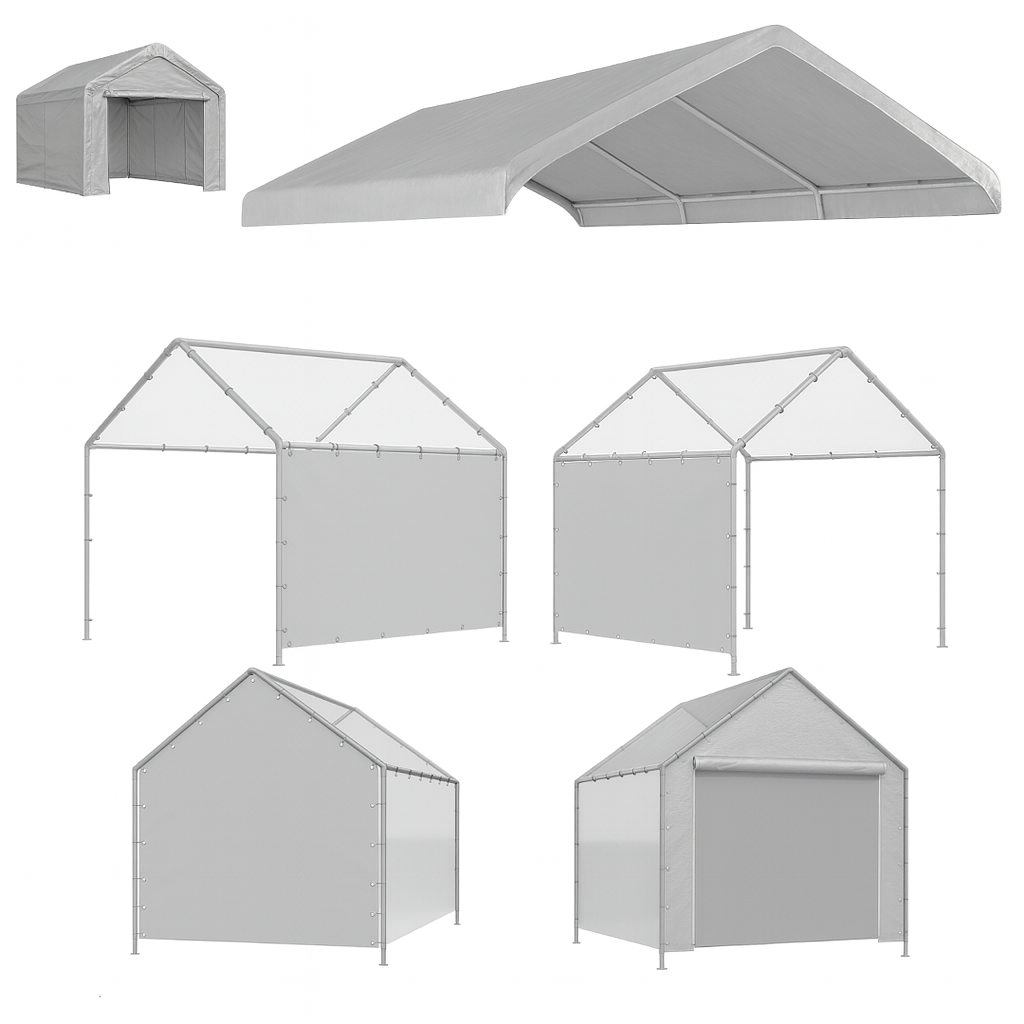 Set of five Silver Heavy Duty Canopy Enclosure Kit including a Valance Tarp, Solid Peak End Wall, Peak End Wall with Zipper Door, and two Solid Side Walls - Tarps Plus
