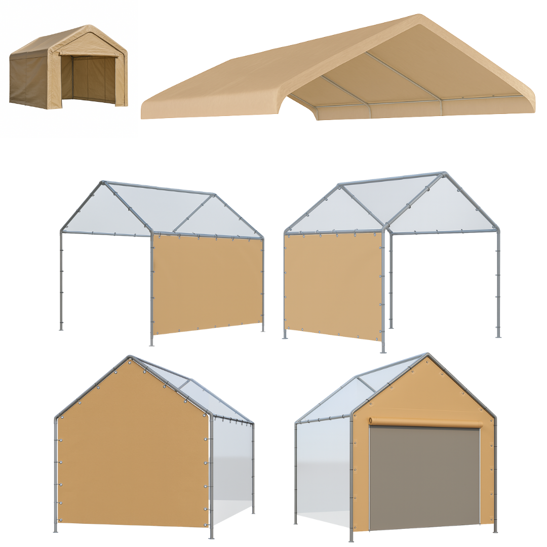 Set of five Tan Heavy Duty Canopy Enclosure Kit including a Valance Tarp, Solid Peak End Wall, Peak End Wall with Zipper Door, and two Solid Side Walls - Tarps Plus