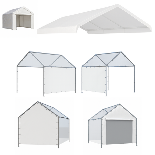 Set of five White Heavy Duty Canopy Enclosure Kit including a Valance Tarp, Solid Peak End Wall, Peak End Wall with Zipper Door, and two Solid Side Walls - Tarps Plus