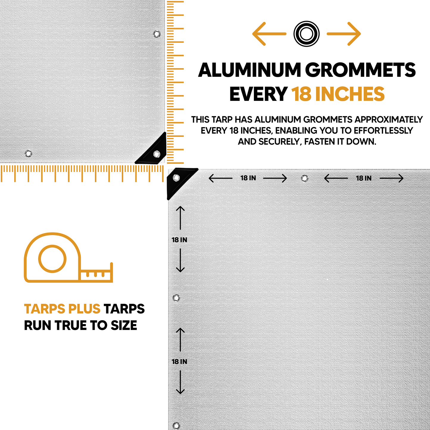White heavy-duty poly tarp featuring aluminum grommets spaced every 18 inches for secure fastening; finished size runs true to size.