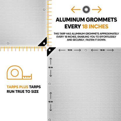 White heavy-duty poly tarp featuring aluminum grommets spaced every 18 inches for secure fastening; finished size runs true to size.