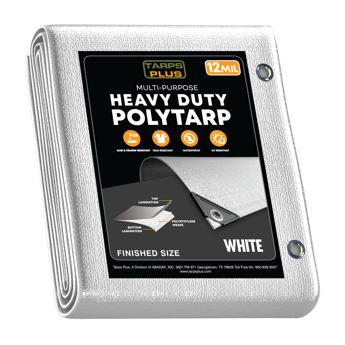 The Tarps Plus White Heavy Duty Poly Tarp features a 12 MIL thickness, is made from 100% virgin polyethylene, and is UV resistant, rip and tear resistant, waterproof, and includes reinforced edges with plastic corners, a 14x14 weave count, and aluminum grommets spaced every 18 inches.