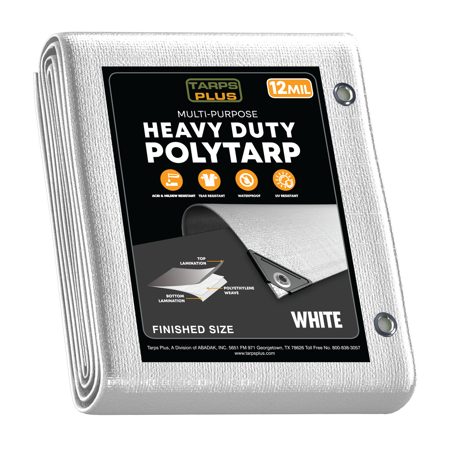 The Tarps Plus White Heavy Duty Poly Tarp features a 12 MIL thickness, is made from 100% virgin polyethylene, and is UV resistant, rip and tear resistant, waterproof, and includes reinforced edges with plastic corners, a 14x14 weave count, and aluminum grommets spaced every 18 inches.