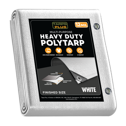 The Tarps Plus White Heavy Duty Poly Tarp features a 12 MIL thickness, is made from 100% virgin polyethylene, and is UV resistant, rip and tear resistant, waterproof, and includes reinforced edges with plastic corners, a 14x14 weave count, and aluminum grommets spaced every 18 inches.