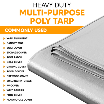 White Heavy-duty poly tarp folded neatly, ideal for yard equipment, canopy tents, storage, and general outdoor protection.