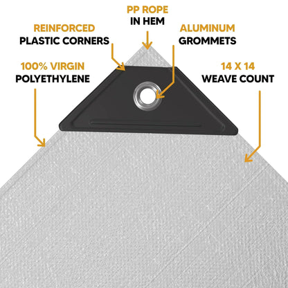 Close-up of ultra heavy-duty poly tarp corner featuring reinforced plastic, aluminum grommet, PP rope in hem, 14x14 weave, and virgin polyethylene.