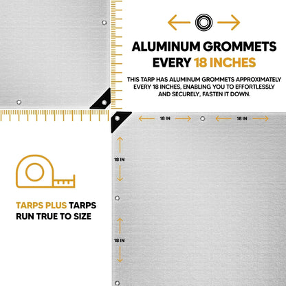 Tarps Plus heavy-duty poly tarp with aluminum grommets every 18 inches, reinforced corners, and true-to-size dimensions for secure fastening