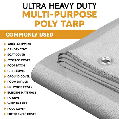 Ultra heavy-duty multi-purpose poly tarp with aluminum grommets, ideal for yard equipment, canopy tents, boat covers, roof patching, and more