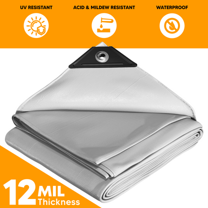 White poly tarp with reinforced corner and aluminum grommet, featuring 12 mil thickness and protection against UV, mildew, and water.
