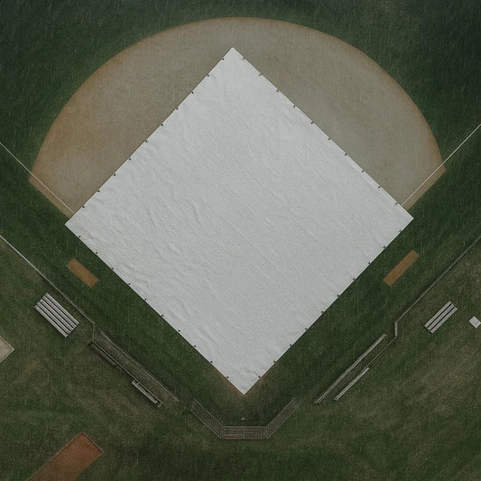 aerial view of 100' x 100' baseball tarp covering the entire infield surface area