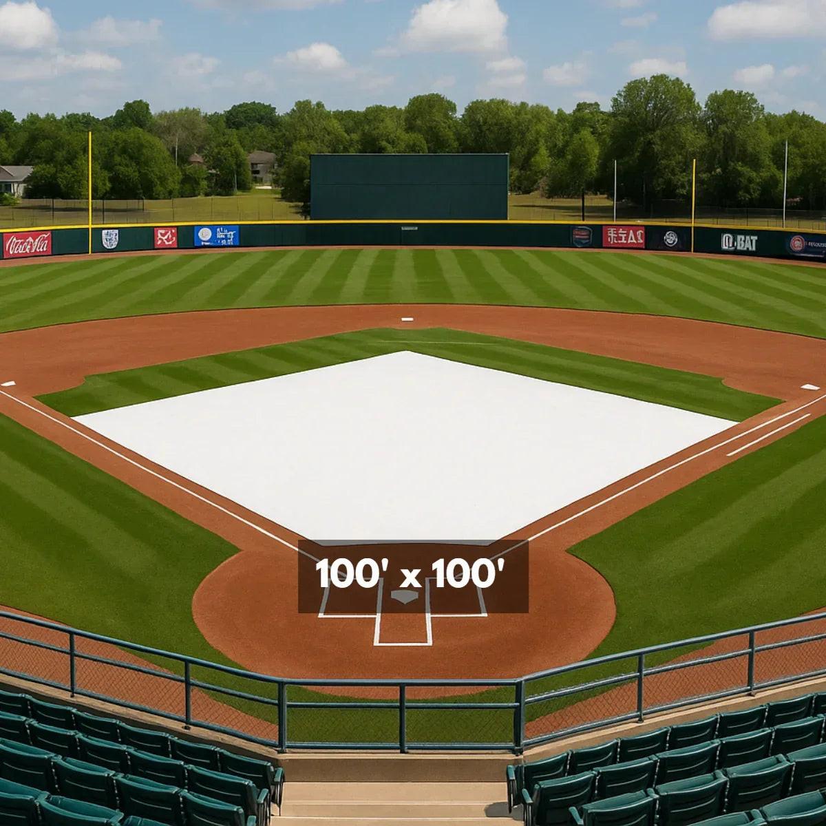 100' x 100' baseball field cover tarp protecting the infield during outdoor weather conditions